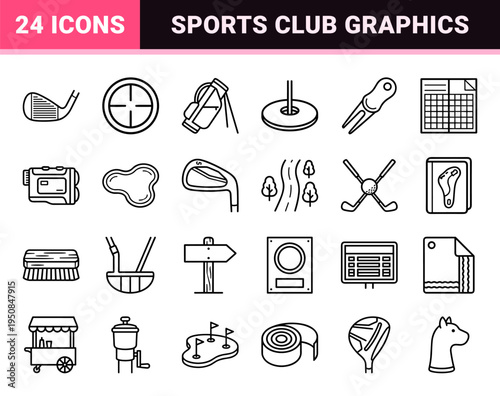 Professional Golf Equipment and Tournament Management Monoline Symbols Featuring Minimalist Clubs Balls and Course Map Elements in Sleek Outline Art
