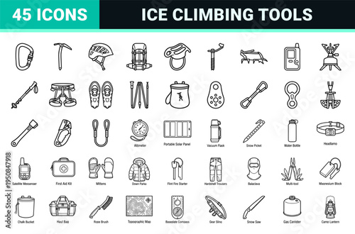 Technical Mountaineering and Ice Climbing Equipment Neo-Line Art Symbols for Professional Expedition Mapping