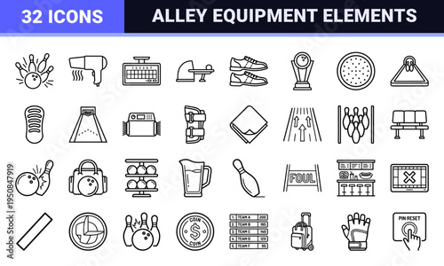 Ten-Pin Bowling Equipment and Alley Infrastructure Technical Monoline Symbols for Sports Interface Design and Tournament Branding