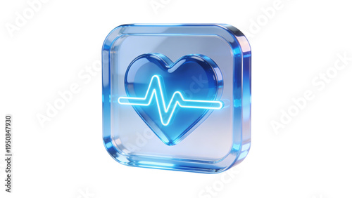 3D Blue Glass Heartbeat Pulse EKG Icon on Transparent Crystal Card