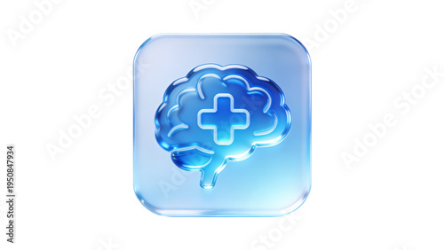 Human Brain with Medical Cross Icon on 3D Blue Glass Card