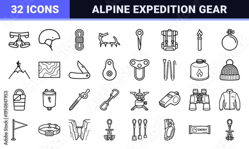 Mountain Climbing and Alpine Expedition Outline Symbols for Outdoor Adventure Maps, Minimalist Mountaineering Gear and Peak Summit Graphics.