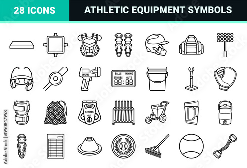 Competitive Baseball Equipment and League Symbols Monoline Art; Professional Athletic Gear Minimalism with Clean Uniform Outlines.