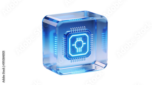 3D Crystal Glass Cube with Glowing Microchip CPU Processor Icon