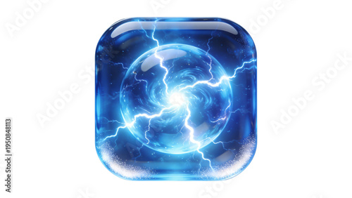 Futuristic Blue Energy Sphere with Lightning Inside 3D Glass Icon
