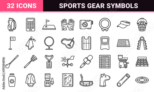 Professional Golf Equipment and Tournament Infrastructure Monoline Outline Symbols Featuring Iron Clubs and Course Navigation Elements