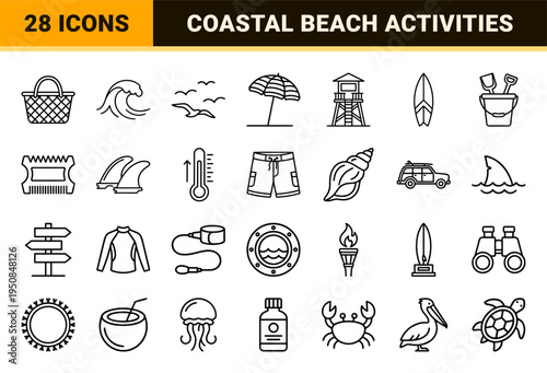 Surfing and Coastal Lifestyle Monoline Symbols featuring Minimalist Outline Aesthetic for Summer Recreation and Beach Tourism Applications
