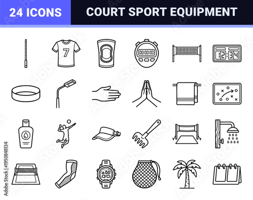 Professional Volleyball Athletics and Court Sports Equipment Monoline Outlines. Minimalist Technical Line Art for Competitive Team Games.