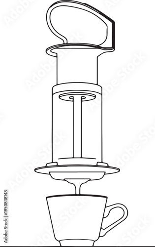 Line art drawing of an Aeropress coffee maker brewing coffee directly into a cup, illustrating a modern brewing method.