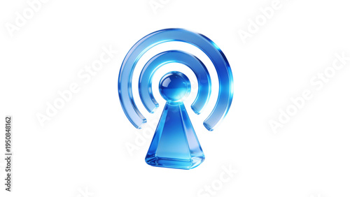 Blue Crystal Wireless Signal Tower Icon with Network Waves 3D Render