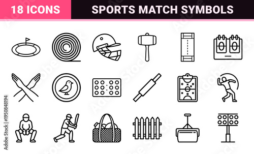 Technical Monoline Cricket Sports Equipment Symbols featuring Minimalist Outline Aesthetic for Professional Athletic Match Tracking Graphics