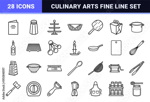 Hospitality Service and Culinary Arts Monoline Icons Featuring Restaurant Catering Symbols and Gourmet Kitchen Equipment in Minimalist Outline Style