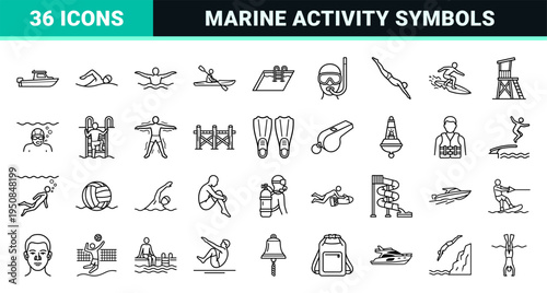 Marine Sports and Aquatic Activity Outline Symbol Set featuring Minimalist Monoline Aesthetics for Nautical Navigation and Summer Recreation