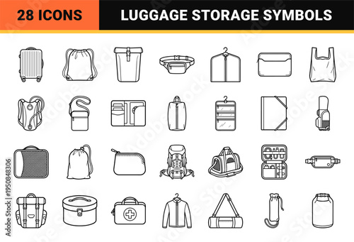 Professional Minimalist Travel Luggage and Carry Gear Monoline Outlines featuring 1.25pt Uniform Line Weight Technical Neo-Line Art Graphic Assets