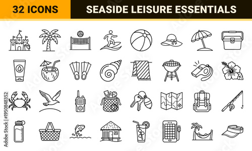 Summer Beach Vacation Outline Symbols Featuring Coastal Leisure Equipment and Seaside Activities in Technical Monoline Aesthetic
