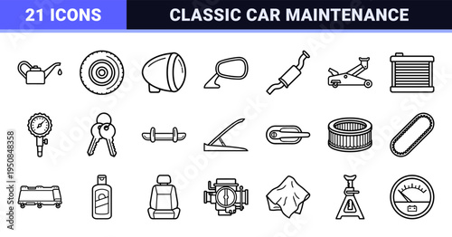 Vintage Automotive Restoration Monoline Symbols for Classic Car Enthusiasts and Mechanical Repair Services featuring Minimalist Technical Line Art.