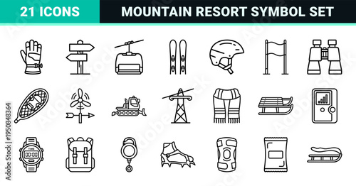 Winter Sports and Alpine Skiing Technical Monoline Symbols with Sleek Outlines for Resort Navigation and Outdoor Equipment Interface Design.