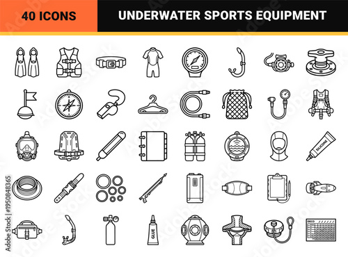 Scuba Diving Gear and Snorkeling Equipment Monoline Linear Symbols for Technical Manuals and Marine Tourism Interface Design
