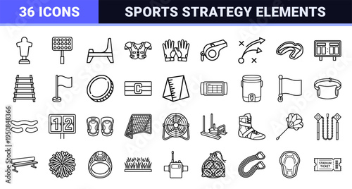 American Football Equipment Monoline Graphic Symbols for Sports Analytics and Athletic Training Visuals Featuring Precise Technical Line Work