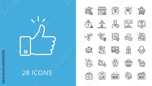 Set of 28 Thin Line Icons on White Background for Business and E-commerce