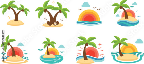Flat Vector Illustration Collection of Tropical Island Paradises Featuring Palm Trees, Golden Sands, Ocean Waves, and Colorful Sunsets for Summer Travel Design Projects.