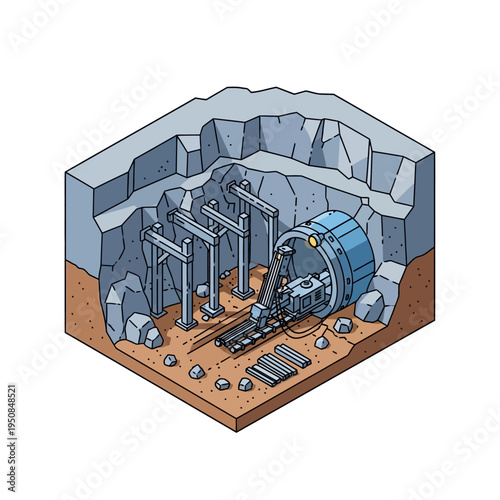 Isometric illustration of a tunnel boring machine (TBM) excavating a new underground passage within a rocky geological formation, showcasing construction equipment and infrastructure.
