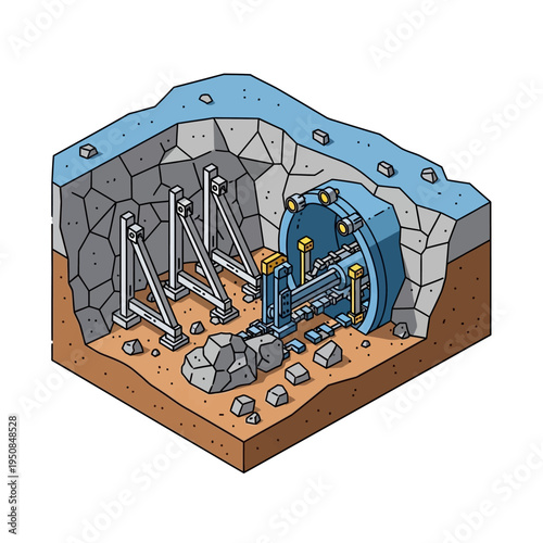 Cross-section illustration of a tunnel boring machine (TBM) excavating a tunnel through rock and soil, supported by bracing.