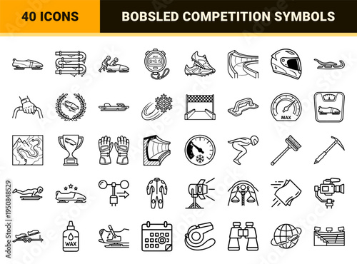 Bobsleigh and Winter Sliding Sports Monoline Outline Symbol Set for Competitive Racing and Athletics Interface Design