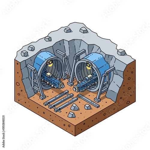 Isometric illustration of tunnel boring machines actively excavating underground tunnels, showcasing construction and engineering.