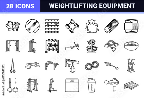 Weightlifting and Bodybuilding Equipment Minimalist Outline Symbols for Fitness Apps and Commercial Training Manuals Technical Monoline Art