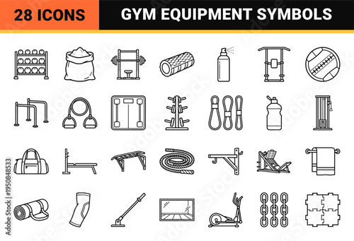 Gym Equipment and Bodybuilding Minimalist Line Symbols for Fitness Apps and Technical Training Manuals