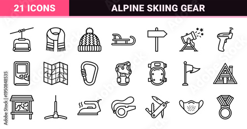 Minimalist Winter Sports Neo-Line Art Symbols Featuring Alpine Skiing Equipment and Mountain Resort Safety Infrastructure in Technical Monoline.