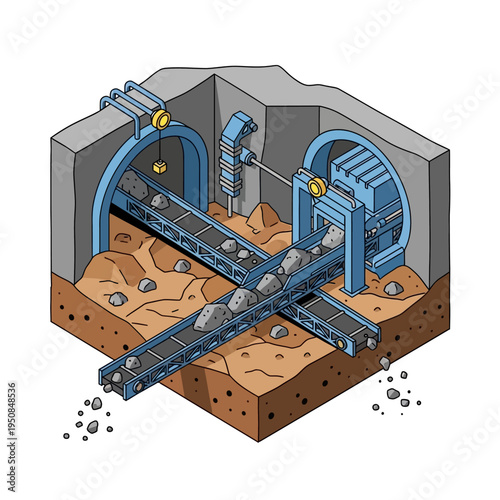 Isometric illustration of an underground mining operation with conveyor belts and crushing machinery processing rocks.