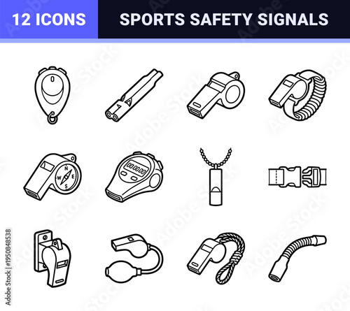 Technical Referee Signaling Symbols and Athletic Safety Whistles in High-Clarity Monoline Aesthetic for Professional Sports Officiating