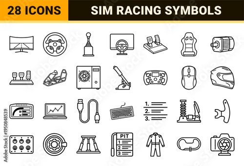 Sim Racing and Esports Driving Simulator Monoline Symbol Set with Clean Minimalist Outlines and Technical Precision for Digital Racing Games.