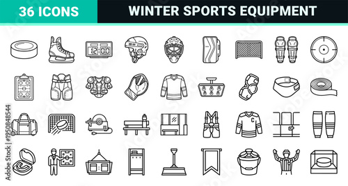 Professional Ice Hockey Equipment and Arena Management Monoline Outline Symbols for Sports Analytics and Competition Signage Systems