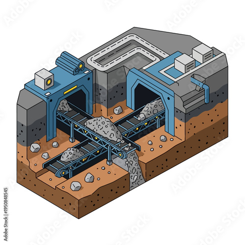Isometric illustration of an industrial mining operation with conveyor belts transporting ore from underground to the surface for processing.