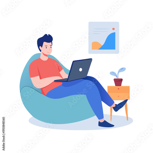 Relaxed man working comfortably on a laptop while seated on a bean bag chair, symbolizing flexible remote work, freelancing, and digital nomad lifestyle. See Less
