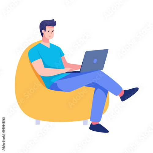Relaxed man working comfortably on a laptop while seated on a bean bag chair, symbolizing flexible remote work, freelancing, and digital nomad lifestyle. See Less
