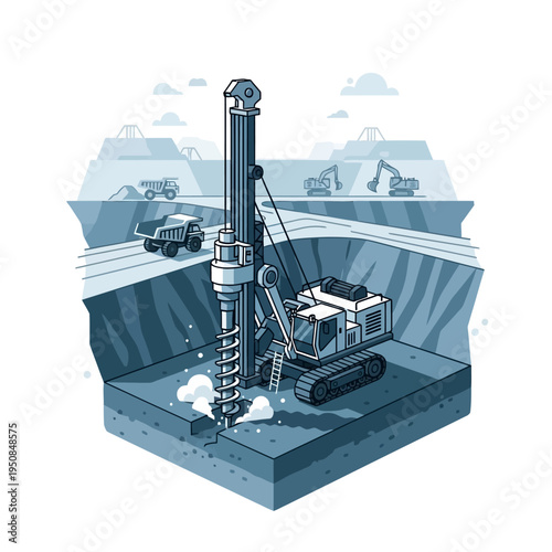 A large drilling rig is actively excavating a deep pit in a construction site, with heavy machinery and trucks operating in the background.