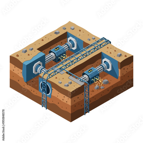 Isometric illustration of a tunnel boring machine (TBM) system in operation, excavating underground tunnels with machinery and conveyor belts.