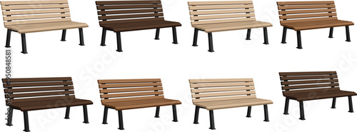 Set of outdoor park bench icons in various wood colors and styles isolated on white background for garden furniture and urban design projects