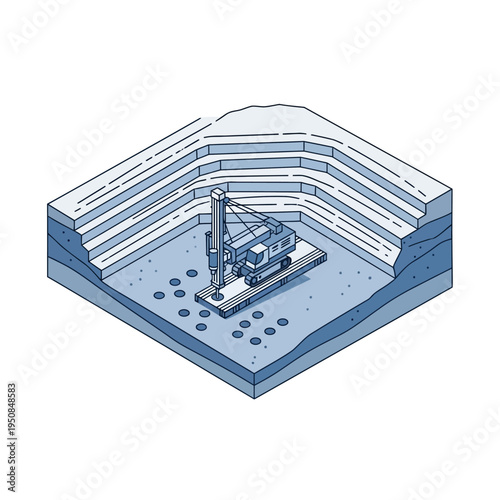 Construction drilling rig excavating holes in a layered soil profile within a stepped excavation pit.