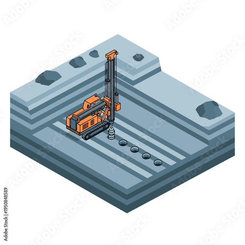 Isometric illustration of a drilling rig excavating multiple holes in layered ground, showcasing industrial excavation and construction processes.