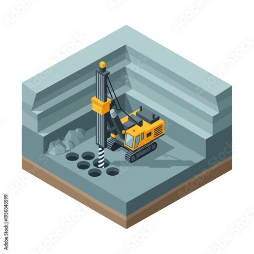 Isometric illustration of a drilling rig excavating multiple holes in a layered earth cross-section, showcasing heavy machinery in construction and mining.