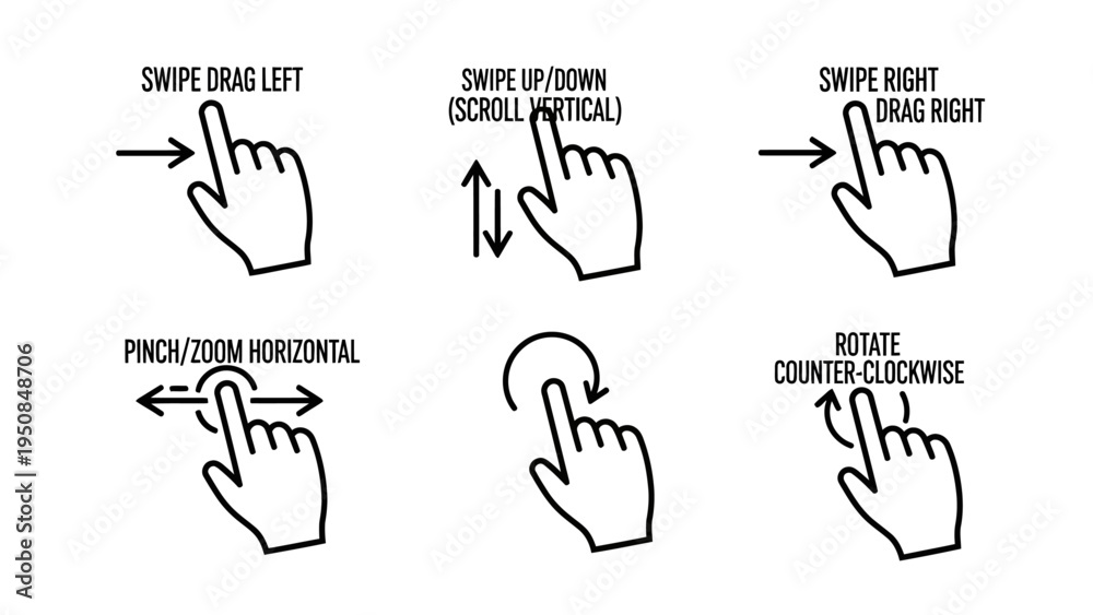 Fototapeta premium Collection of icons depicting various hand gestures for touch screen interaction, including swipe, pinch, and rotate actions