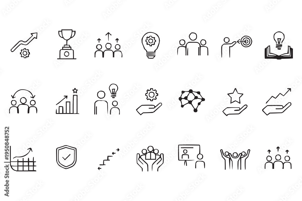 Fototapeta premium Business Strategy and Leadership Line Icons Set – Growth, Teamwork, Analytics and Success Outline Vector Icons. Thin vector pictograms pack for web infographic business social projects