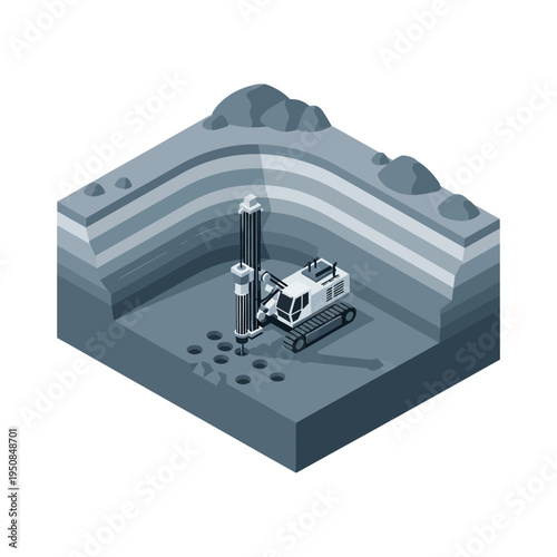 Isometric illustration of a drilling rig excavating multiple boreholes in layered geological strata.