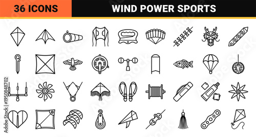 Technical Monoline Wind Sports and Kite Flying Symbols Featuring Diamond Stunt and Box Kites in Minimalist Black Outline Style