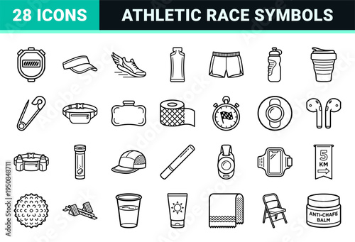Professional Marathon Athletics and Running Equipment Monoline Outline Symbols Featuring Minimalist Sports Gear for Race Day Training Apps